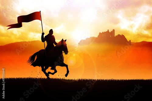 Cuadros en Lienzo Medieval knight on horse carrying a flag