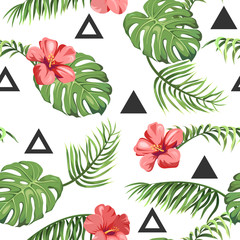 Wall Mural - seamless pattern with tropical palm leaves, exotic flowers and triangles