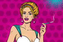 Wow Female Face. Sexy Young Blonde Woman With Open Mouth In Festive Dress And Tiara Holding Mouthpiece With Cigarette. Vector Colorful Background In Pop Art Retro Comic Style. Party Invitation Poster.