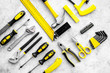 Various repair tools. Must-have for men. Equipment for building. Repair tool kit. Grey background top view pattern