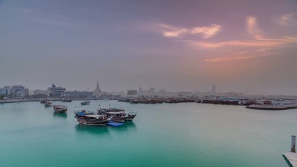 Poster - Sunset at Doha Bay timelapse with Traditional Wooden Dhow Fishing Boats.