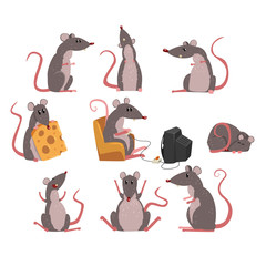 Sticker - Cute grey mouse set, funny rodent character in different situations vector Illustrations