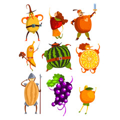 Sticker - Funny fruits cartoon characters set, people in fruit costumes comic vector Illustrations