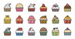 Set of cute fancy cup cake, filled outline icon
