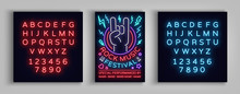 Rock Festival Poster In Neon Style. Neon Sign, Invitation To The Concert Brochure On Roknroll Music, Bright Banner, Flyer For Festivals, Parties, Concerts. Vector Illustration. Editing Text Neon Sign