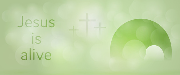 Sticker - Easter background. Three crosses and empty tomb with text : Jesus is alive.