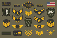 Military Badges And Army Patches Typography. Military Embroidery Chevron And Pin Design For T-shirt Graphic
