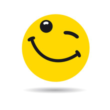 Big Smiling Emoticon Wink Symbol. Winking Yellow Smile In A Flat Design On White Background. Vector Emoticon Yummy Icon