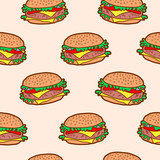 Fototapeta Łazienka - Vector seamless pattern with colorful bright tasty burgers. Fast food background.