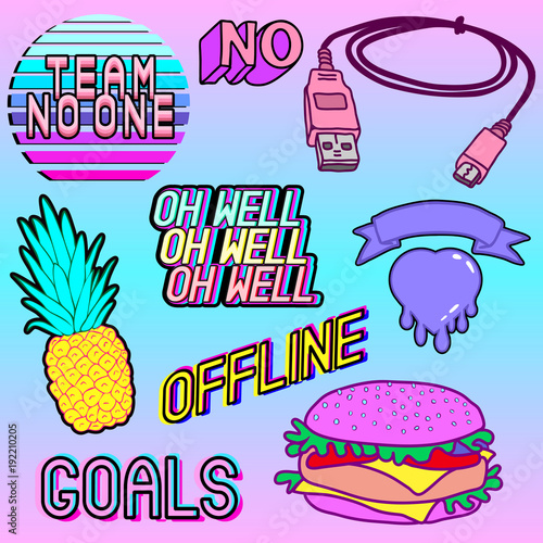 Cuadros en Lienzo Vector set of cartoon colorful aesthetic phrases, words: team no one, goals, offline, no, pineapple, heart, hamburger, phone charger, etc