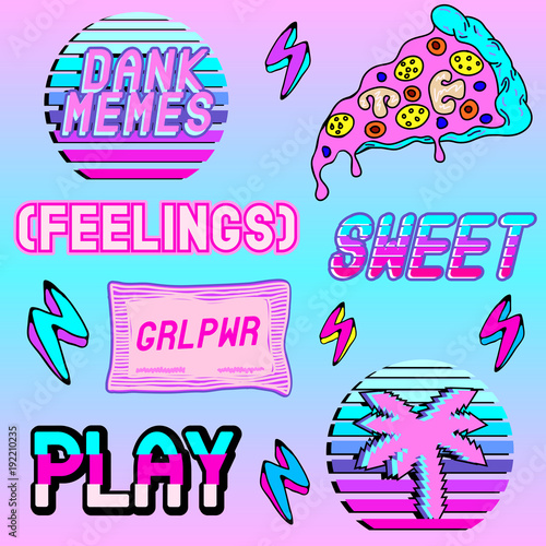 Fotomural Vector set of cartoon colorful aesthetic words: “sweet, feelings, play, an alien pizza slice, palm tree, etc