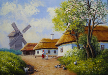 Rural Oil Paintings Landscape, River,  Village, House