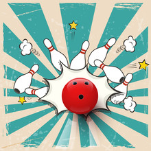 Vector Realistic Bowling Ball On Pop Art Background. Bowling Strike.