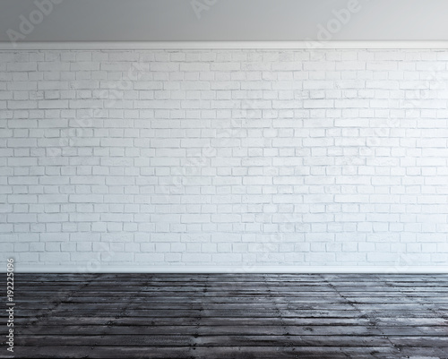Photo 3d rendering illustration of big modern empty room with white brick wall and rough wooden floor
