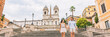 © Maridav - Luxury Europe travel couple on honeymoon vacation walking down Spanish steps stairs in Rome, Italy. European cruise destination italian summer holiday tourists horizontal banner panorama.