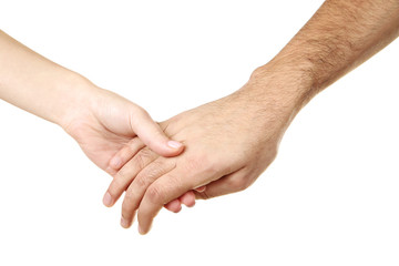 Wall Mural - Female and male hand holding each other on white background