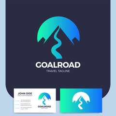 Mountain hand drawn logo template design element with road and flag