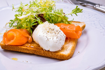 Wall Mural - Toast with poached egg and salmon