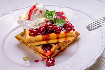 Wall Mural - Waffle with cherry jam