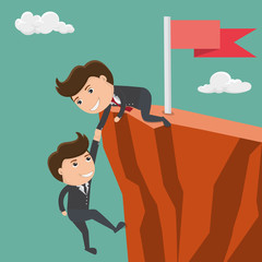 Businessman helping his friend pull up on the cliff. Vector illustration.