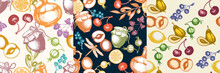 Three Harvest Time Fresh Fruits And Berries Seamless Pattern Hand Drawn Vector. Traditional Harvest Festival Decoration. Retro Garden Seamless Pattern