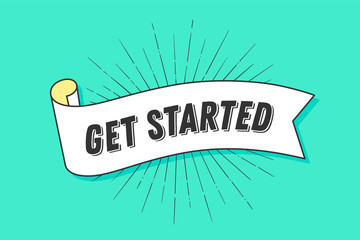 get started. vintage trendy ribbon with text get started and linear drawing of sun rays, sunburst. b