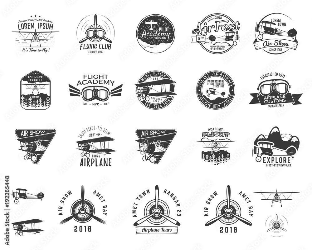 Vintage hand drawn old fly stamps. Travel or business airplane tour emblems. Biplane academy labels. Retro aerial badge isolated. Pilot school logos. Plane tee design, prints, web design. Stock vector - obrazy, fototapety, plakaty 