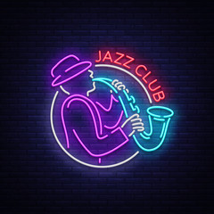 Wall Mural - Jazz Club Neon Vector. Neon sign, Logo, Brilliant Banner, Bright Night Advertising for your projects on Jazz Music. Live music