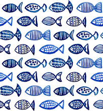 Watercolor Blue Fish Pattern. Sea Animal Background. Aquarium Illustration