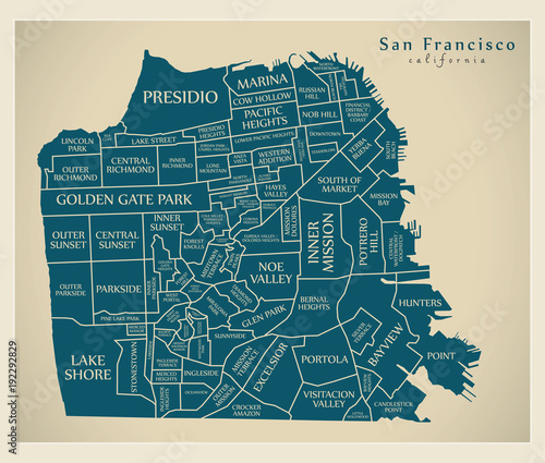 Cuadros en Lienzo Modern City Map - San Francisco city of the USA with neighbourhoods and titles
