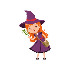 Poster - Cute small red-haired girl witch in purple dress, hat, with cross body bag. Smiling kid character in costume studying herbs. Vector flat cartoon illustration on white