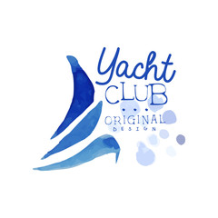 Sticker - Original logo template for yacht club. Abstract blue waves of sailboat. Sea and ocean theme. Bright watercolor painting. Vector design for advertising poster or flyer