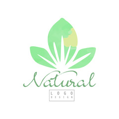 Poster - Natural logo template with abstract green leaves. Healthy lifestyle. Design for organic food shop, herbal store or cosmetics packaging. Watercolor vector illustration