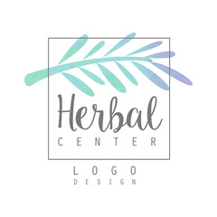 Poster - Original watercolor logo with branch of medicinal plant. Alternative medicine and wellness. Vector design element for herbal store or packaging of eco product