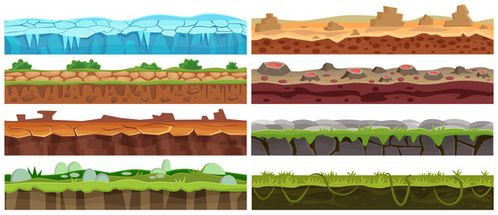 Seamless cartoon vector landscape design set. Ground floor collection for game interface.