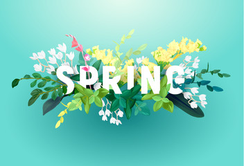 bright spring design on a blue background. a voluminous inscription with an ornament from flowers, g