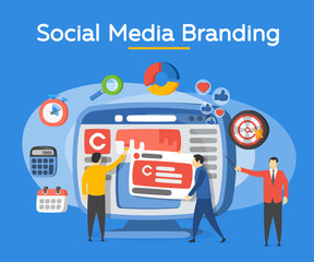 Wall Mural - promotion of the brand in social network. people in the social media industry. analytics for social 