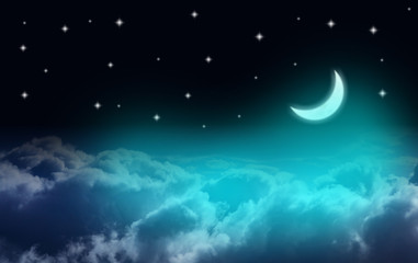 crescent moon over clouds in a starry night