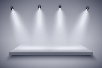 Wall Mural - Light box with Black and white platform on with four spotlights. Editable Background Vector illustration.