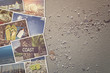 Travel photo collage on beach sand background