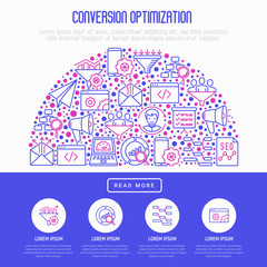 Wall Mural - conversion optimization concept in half circle with thin line icons: marketing, customer management,