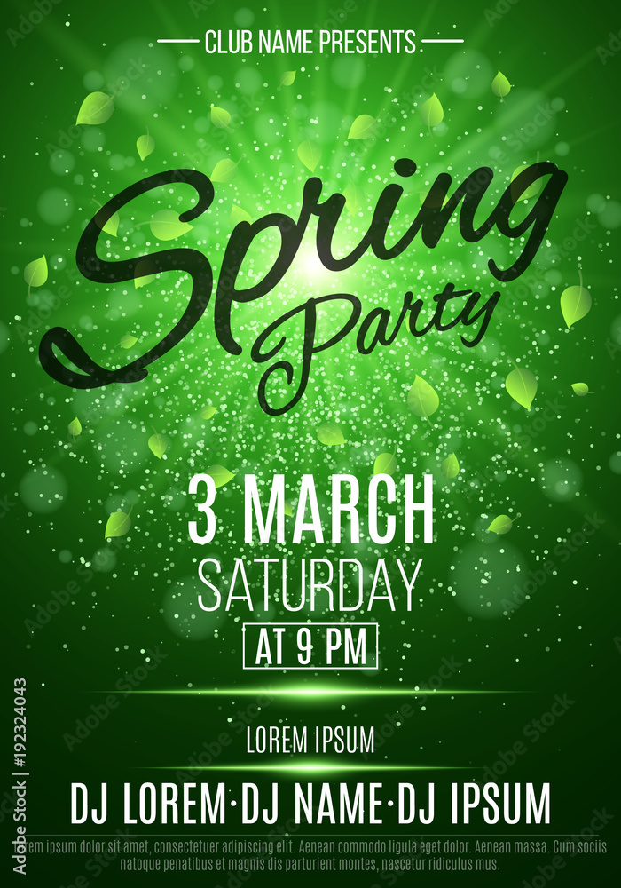 Spring Night Flyer Flyer for a spring party. Bright flash of light. Flying leaves ...