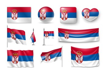 Wall Mural - Set Serbia flags, banners, banners, symbols, flat icon. Vector illustration of collection of national symbols on various objects and state signs