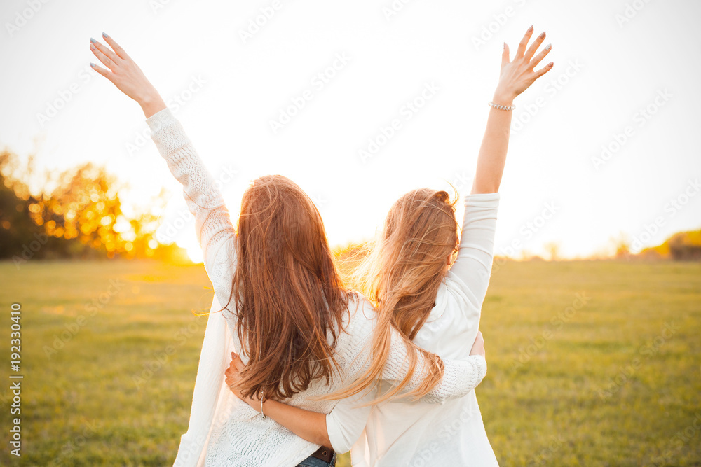 Young women are having fun on the green field in the evening. - obrazy, fototapety, plakaty 