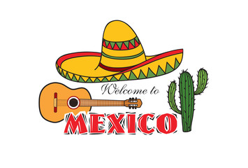 Wall Mural - Mexican icon. Welcome to Mexico sign. Travel sign with cactus, sombrero