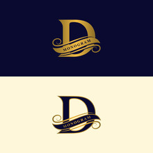 Gold Letter D. Calligraphic Beautiful Logo With Tape For Labels. Graceful Style. Vintage Drawn Emblem For Book Design, Brand Name, Business Card, Restaurant, Boutique, Hotel. Vector Illustration