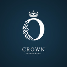 Elegant Letter O With Crown. Graceful Royal Style. Calligraphic Beautiful Logo. Vintage Drawn Emblem For Book Design, Brand Name, Business Card, Restaurant, Boutique, Hotel. Vector Illustration