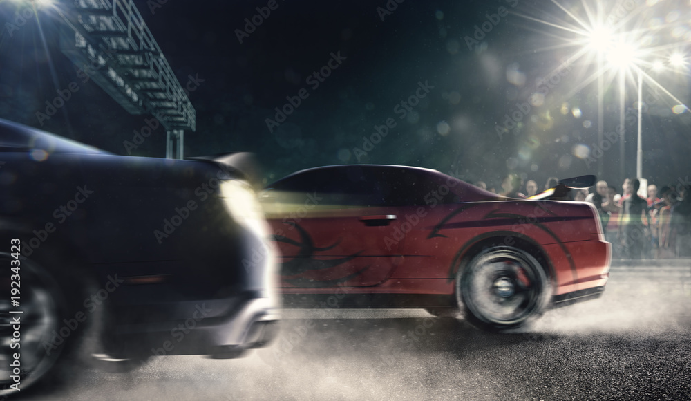 drag racing cars on the night track 3d render Stock Illustration ...