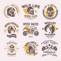 Biker logo vector rider on motorcycle or bike and speed motorcyclist racer on logotype motor emblem illustration racing set isolated on white background