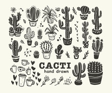 Vector Collection Of Black Hand Drawn Cactus Sketch Collection Isolated On White Background. Flat Cactus Icon Set. Nature Elements Illustration.